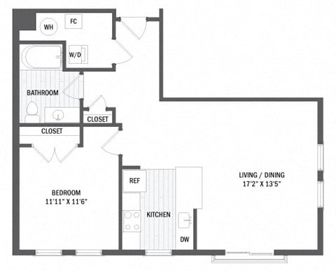 Floor plan for 1 bed, 1 bath, 735 sqft